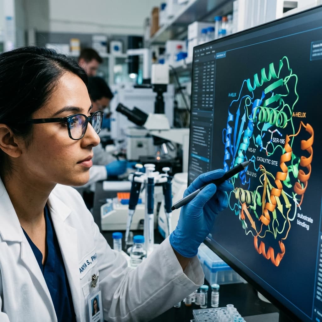 Cientista de laboratório inspecionando modelos tridimensionais lógicos de proteínas mutantes gerados computacionalmente