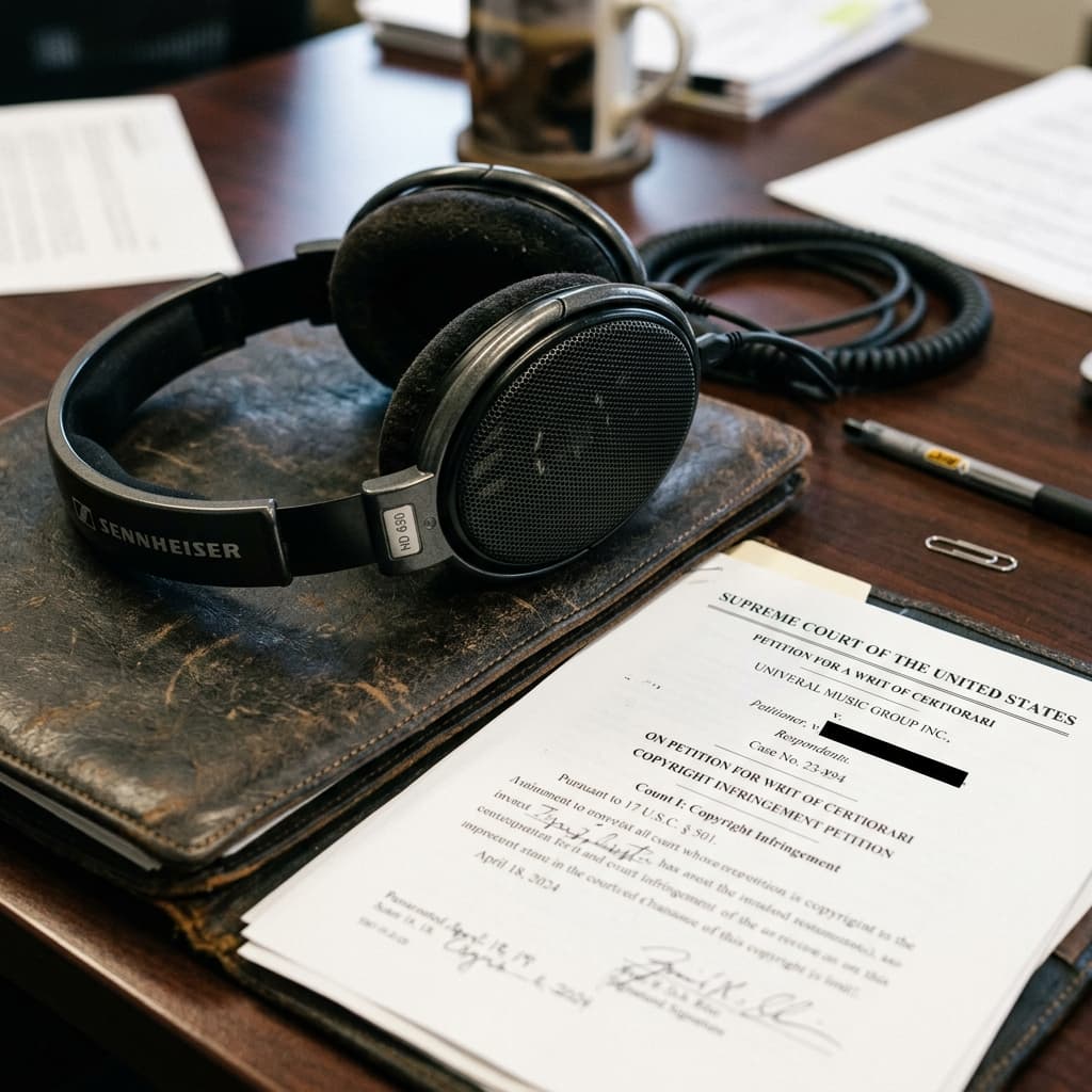 Detalhe de fones de ouvido profissionais colocados sobre os documentos confidenciais da petição judicial contra a Nvidia